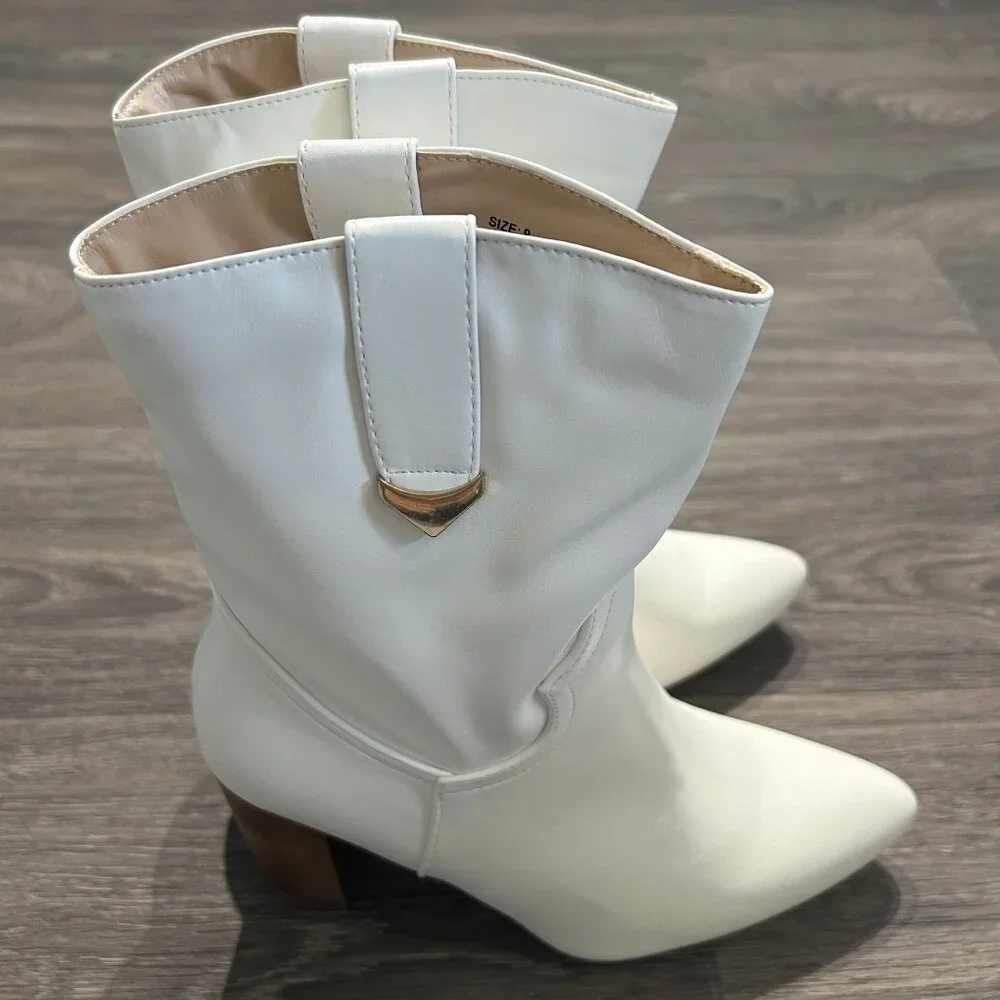 NEW Lulus Size 9 Taryne White Pointed Toe Boots Booties Faux Leather Block Heel